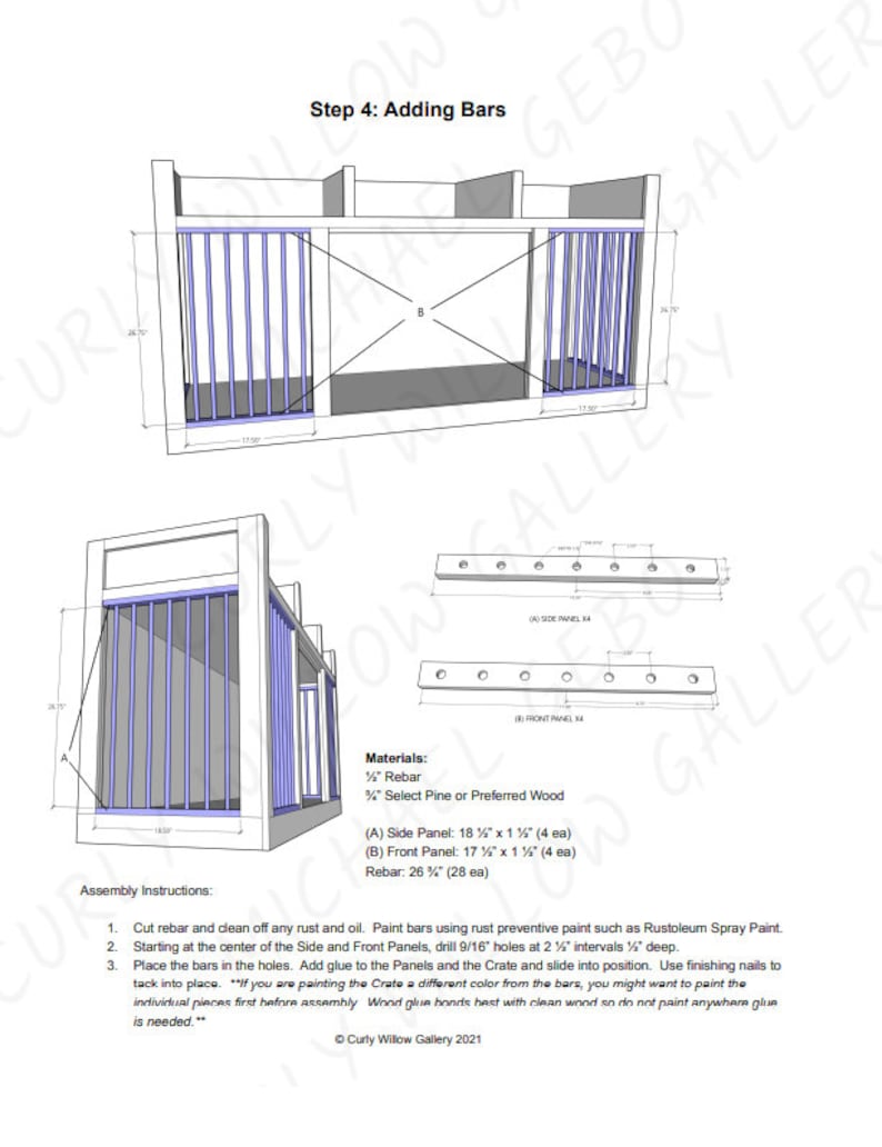 May include: A diagram showing how to add rebar to a wooden crate. The diagram shows the rebar being placed in holes drilled into the side and front panels of the crate. The text in the image reads: "Step 4: Adding Bars".