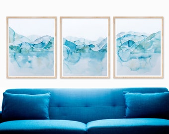 Abstract Paintings Set of Three Prints, Watercolor, Blue, Teal Mountain Painting Wall Art,INSTANT DIGITAL DOWNLOADS, Blue Abstract Set of 3