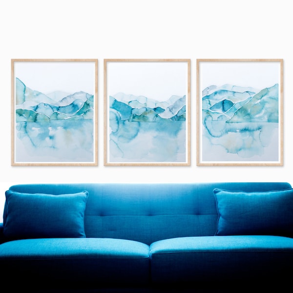 Abstract Paintings Set of Three Prints, Watercolor, Blue, Teal Mountain Painting Wall Art,INSTANT DIGITAL DOWNLOADS, Blue Abstract Set of 3