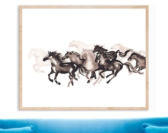 Galloping Horses Painting PRINTABLE DIGITAL DOWNLOAD Horses Running Print, Black White Mustang Herd, Downloadable Wall Art Horse Silhouette