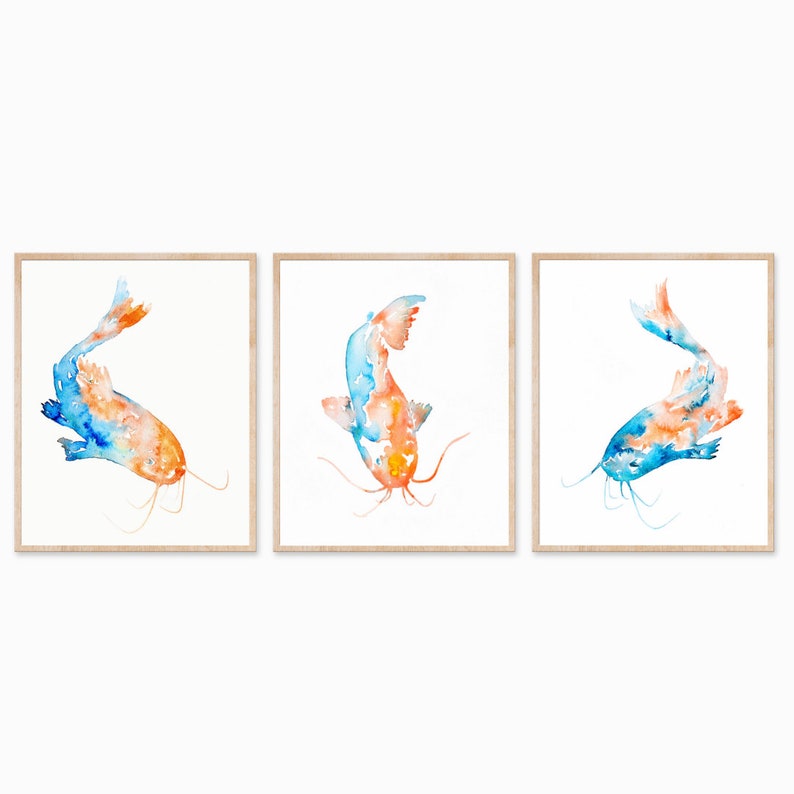 Poisson-chat peintures lot de 3, imprimable téléchargement numérique 3 poissons tirages, orange bleu turquoise Teal Wall Art, lac maison cabine cuisine art mural image 2
