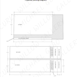 May include: A black and white diagram showing the plywood cutting diagram for a 75.50 inch by 39.25 inch back, 74.00 inch by 2.75 inch floor front brace, 75.50 inch by 22.75 inch floor, 75.50 inch by 22.75 inch ceiling, 7.00 inch by 2.75 inch upper shelf, and 74.00 inch by 2.75 inch floor side brace. The diagram is labeled with the names of each piece and the dimensions in inches.