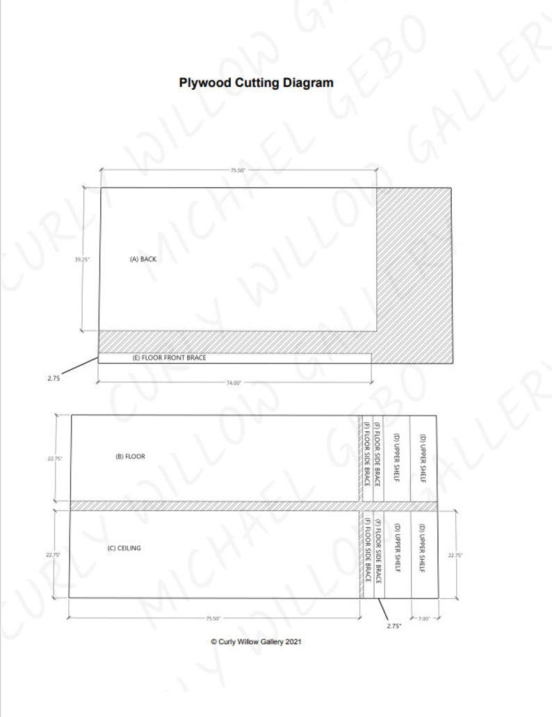 May include: A black and white diagram showing the plywood cutting diagram for a 75.50 inch by 39.25 inch back, 74.00 inch by 2.75 inch floor front brace, 75.50 inch by 22.75 inch floor, 75.50 inch by 22.75 inch ceiling, 7.00 inch by 2.75 inch upper shelf, and 74.00 inch by 2.75 inch floor side brace. The diagram is labeled with the names of each piece and the dimensions in inches.