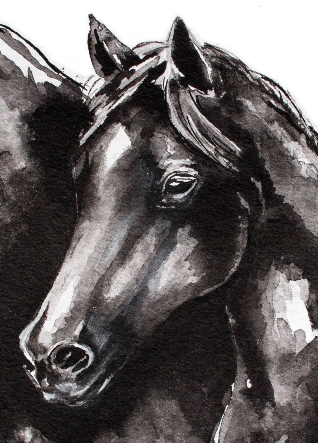 馬の壁アート、白黒の馬の絵、オリジナルの馬の絵のインクの