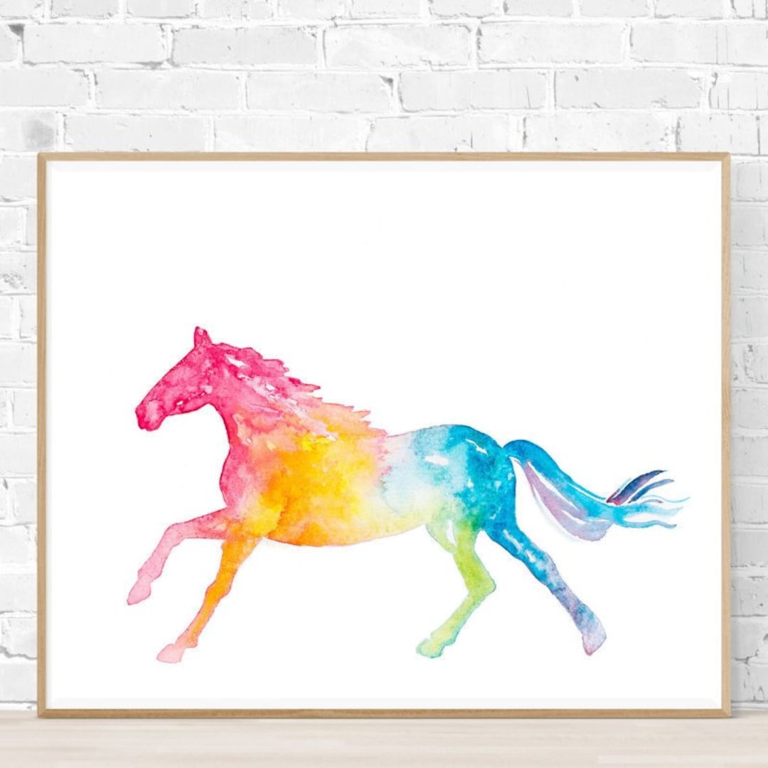 馬の壁アート 水彩画 虹色 印刷可能なデジタルダウンロード 女の子の