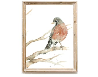 Peinture Robin, Gravure d’aquarelle originale Peinture d’oiseau, Art mural d’oiseau, Art mural brun brun rouge, Gravure de pépinière boisée, Art Robin