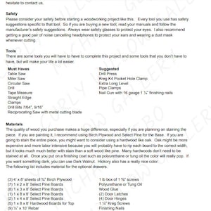 May include: A list of materials and tools needed to build a wooden table. The list includes wood types, screws, glue, hinges, and tools like a table saw, miter saw, and drill press. The text includes the phrase "Curly Willow Gallery 2021".