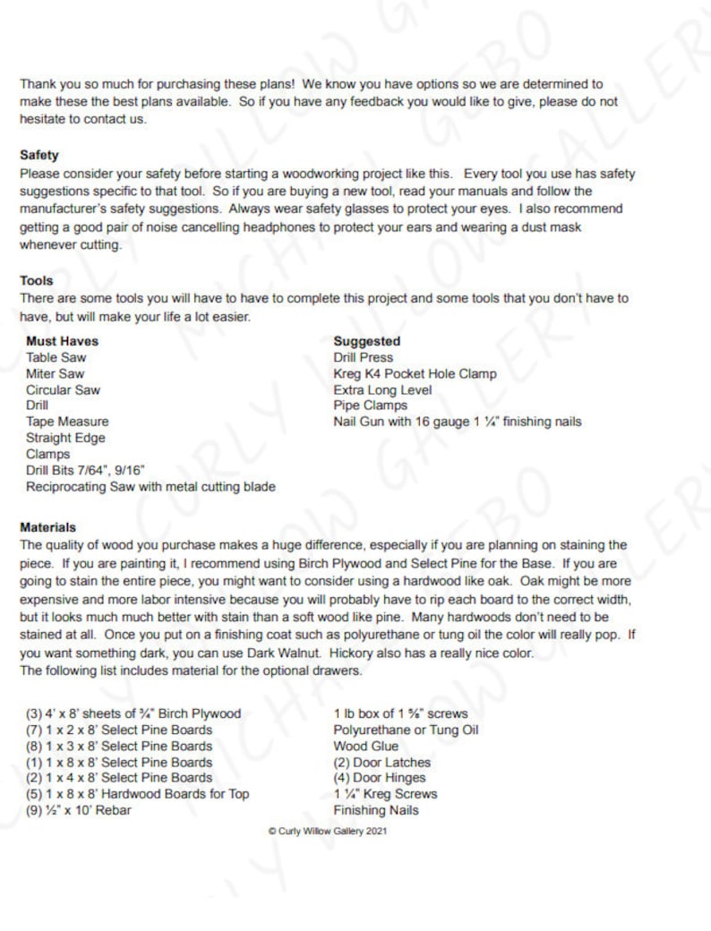 May include: A list of materials and tools needed to build a wooden table. The list includes wood types, screws, glue, hinges, and tools like a table saw, miter saw, and drill press. The text includes the phrase "Curly Willow Gallery 2021".