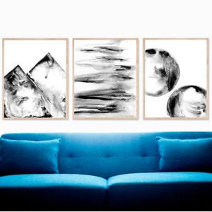 Set of Three Black and White PRINTABLE DIGITAL DOWNLOAD files of 3 Abstract Watercolor & Ink Paintings, 3 Abstract Prints, Gallery Wall Art
