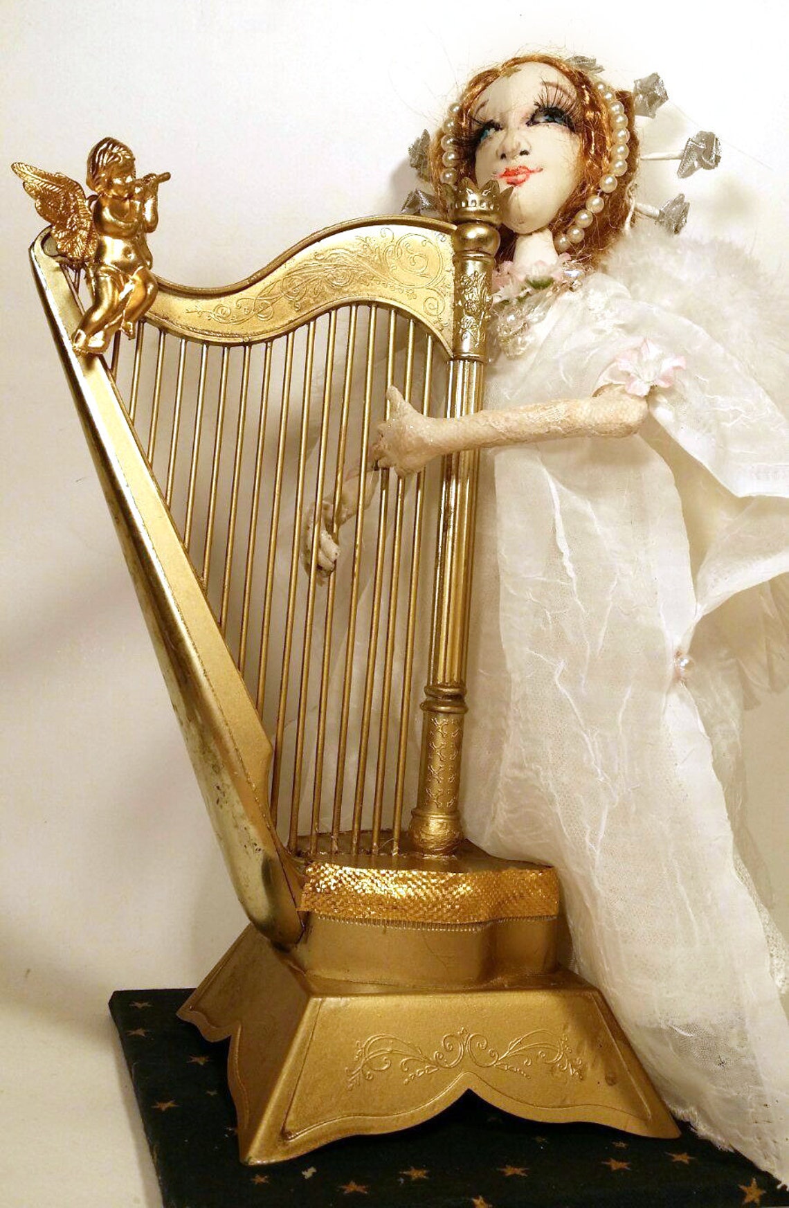 Christmas Angel Playing the Harp, Guardian Angel, Author's Doll, Art Doll, Decoration Doll