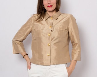 DUPIONI Silk Button Down Shirt Golden Blouse Collared Crop Silk Shirt Women will fit S, M Size
