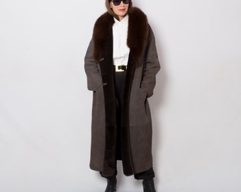 Vintage Maxi Oversize Shearling Coat with Fox Fur Collar Women Sheepskin Coat will fit L, XL Size Gift