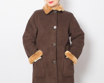 LUX Faux Shearling Coat Brown Sherpa Coat Faux Suede Coat with faux Seal fur lining Medium Size Eco Vegan Friendly Gift