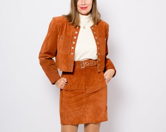 Vintage Terracotta Suede Leather Skirt Suit Suede Skirt Suit Mini Skirt Suit Boxy Oversized Cropped Blazer from Yuppie Small Size Gift