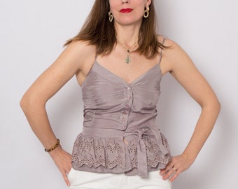 Vintage Mauve Silk Peplum Top Eyelet Embroidery Waist Tie Button Up Silk Camisole Petite XS Size Gift