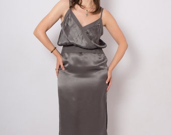 BASIL Grey Silk Slip Dress Pleated Blouson Spaghtetti Strap Top Side Button Pencil Midi Skirt down Medium Size Gift