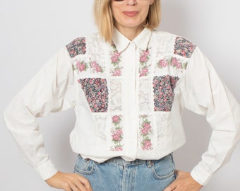 Vintage Prairie Blouse Patchwork Blouse Floral Lace details Button Up Western Shirt Country can fit Medium /Large Size Gift
