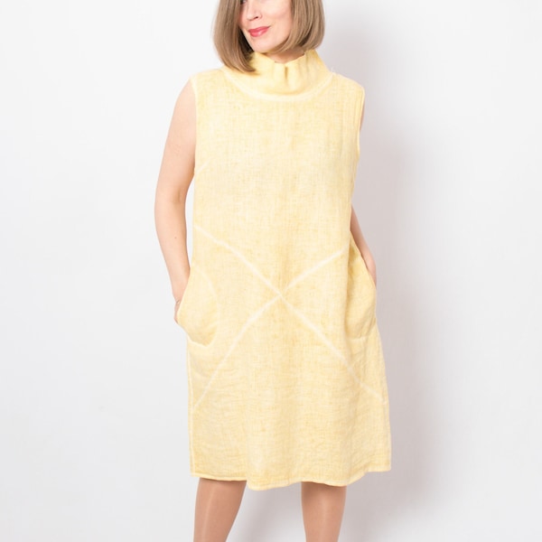 Vintage Gelbes Leinenkleid Mock Neck Rollkragen Leinenkleid mit Taschen Ärmelloses Mock Neck Kleid Große Größe