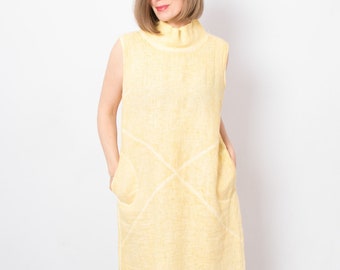 Vintage Yellow Linen Dress Mock neck Turtleneck Linen Dress with Pockets Sleeveless Mock Neck Dress Large Size