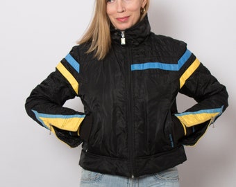 MISS SIXTY Racer Jacket Biker Jacket Black Nylon Jacket Bold Yellow Lining Medium Size Gift for Girlfriend