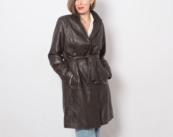 Luxury OAKWOOD Vintage Brown Leather Trench Coat Women Timeless Classic will fit M, L Size