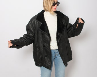 Vintage Oversized Black Leather Shearling Coat Sheepskin Jacket Sheep Skin Coat Shearling Jacket Large Size Gift Idea