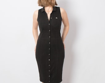 Y2K LACOSTE Black Button Down Dress Midi Pencil Travel Sexy Leisure Dress Medium Size Gift for Girlfriend