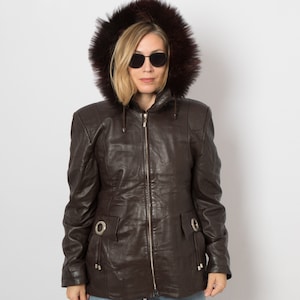 Veste en cuir à capuche rouge brun des années 90 pour femme Parka en cuir bordure en fourrure de renard taille L cadeau pour petite amie