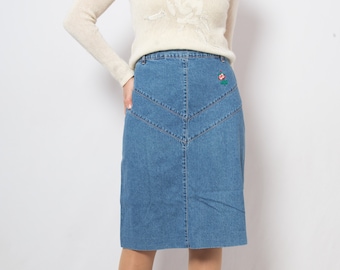 Vintage Mom Skirt A Line Denim Skirt W 30 Embroidered Rose Patch Jean Skirt Medium Size Gift