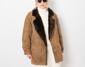 Vintage Brown Shearling Coat Women Suede Shearling Sheepskin Oversized will fit Medium Large Size Original Gift