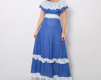 Emiliana Wendel 1970s Gunne Sax Dress Style Prairie Dress Blue Polka Dot Dress Ruffle Hem Waist Tie Style Victorian Dress Gift