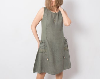 Vintage Sage Green Dress Linen Sundress Medium Size Minimalist Summer Vacation Travel Wear Gift for Girlfriend