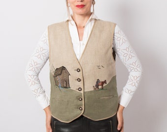 Austrian Salzburg Folk Vest Linen Waistcoat Cottagecore Trachten Linen Vest Linen Dirndl Vest Embroidered Gilet Medium Size Gift