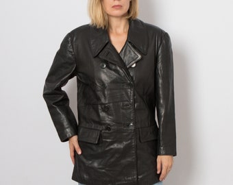 1970er Jahre Lederjacke Leder Pea Coat Zweireihig Kurze Schwarze Leder Trenchcoat Mittlere Größe Geschenk für Freundin