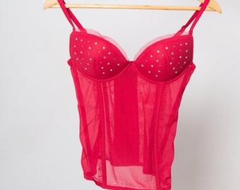 Corset rouge romantique haut corset transparent détails strass haut bustier transparent lingerie sexy UE 75 USA 34 B cadeau
