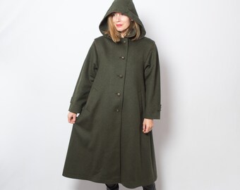 CLASSIC Retro Wool Swing Coat Green Wool Coat Hooded Wool Coat Loden Coat Women Sunday Church Wear Medium Size Gift