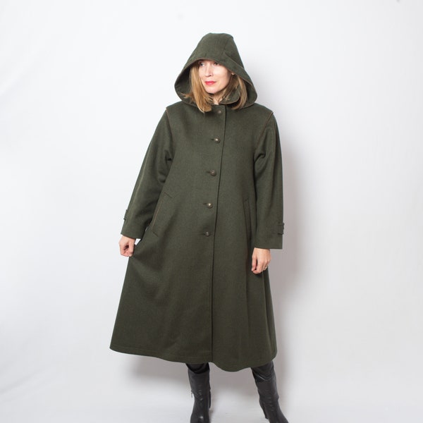 CLASSIC Retro Wool Swing Coat Green Wool Coat Hooded Wool Coat Loden Coat Women Sunday Church Wear Medium Size Gift