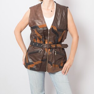 Vintage Patchwork Leather Vest Bold 70s 80s Style with Belt Pockets Zip Closure Gift for Girlfriend Wife