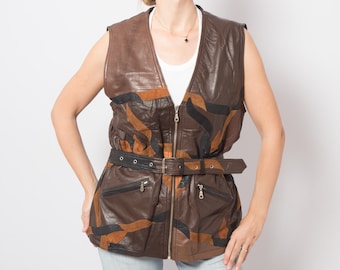 Vintage Brown Leather Vest Women Leather Patchwork Vest with Belt Sleeveless Jacket Large Size Gift for Girlfriend Wife
