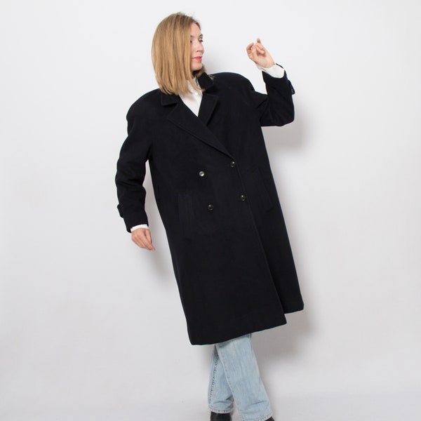 Vintage Double Breasted Overcoat NAVY Blue Wool Coat Trapeze Coat Medium Size Gift