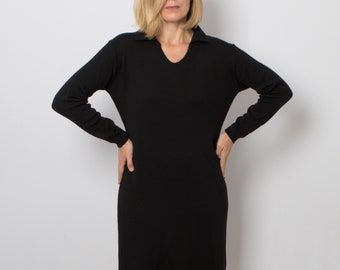 90s Black Sweater Dress Polo Neck Sexy Stretchy Black Wool Dress Medium/Large Size Made in Italy