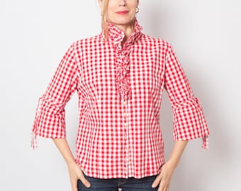 Vintage Trachten Blouse Red Gingham Blouse Cotton Peasant Blouse Medium Size Gift for Girlfriend