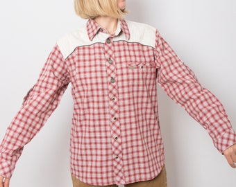 Vintage Red Checkered Plaid Button Up Shirt Folk Shirt Tyrol Alpen Oktoberfest Shirt Large Size