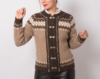 Vintage Brown Wool Cardigan Textured Cardigan Fuzzy Cardigan Fair Isle Cardigan Made in Norway will fit S, M