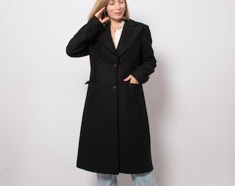 STEFANEL Fitted Coat Long Black Wool Coat Classic Formal Business Timeless Overcoat Elegant Lady Medium Size Gift