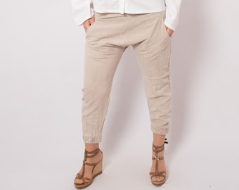 Adele Fado Beige Silk Pants Drop Crotch Pants Elastic Waist can fit Small Medium Size Gift Made in Italy