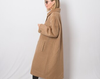 Vintage Herringbone Coat Long Brown Wool Mohair Coat Single Breasted Overcoat will fit L, XL Size Gift