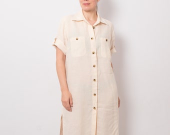 Vintage Pastel Peach Button Linen Dress Button Up Shirt Dress Button Up Midi Dress Summer Travel Casual Medium Size