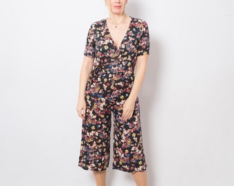 Vintage Floral Jumpsuit Playsuit Women Wide Leg Wrap Top Romper Small Size Holiday Travel Vacation Wear