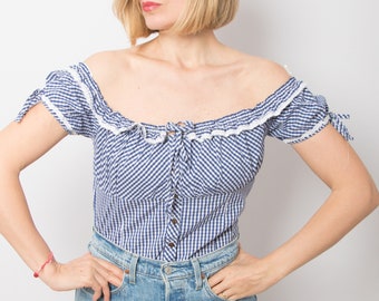 Vintage Cottagecore Blouse Blue Gingham Blouse Trachten Blouse Puff Sleeve Milkmaid Blouse Peasant Top  Large Size